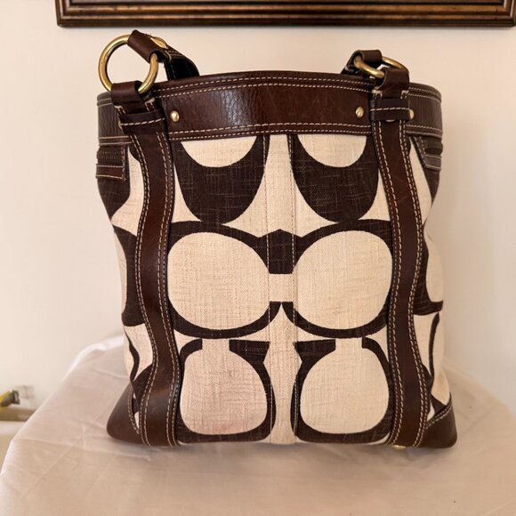 Coach Signature Linen Tote – Brown & Tan, 12"H x 10"W x 9"D - Picture 4 of 13